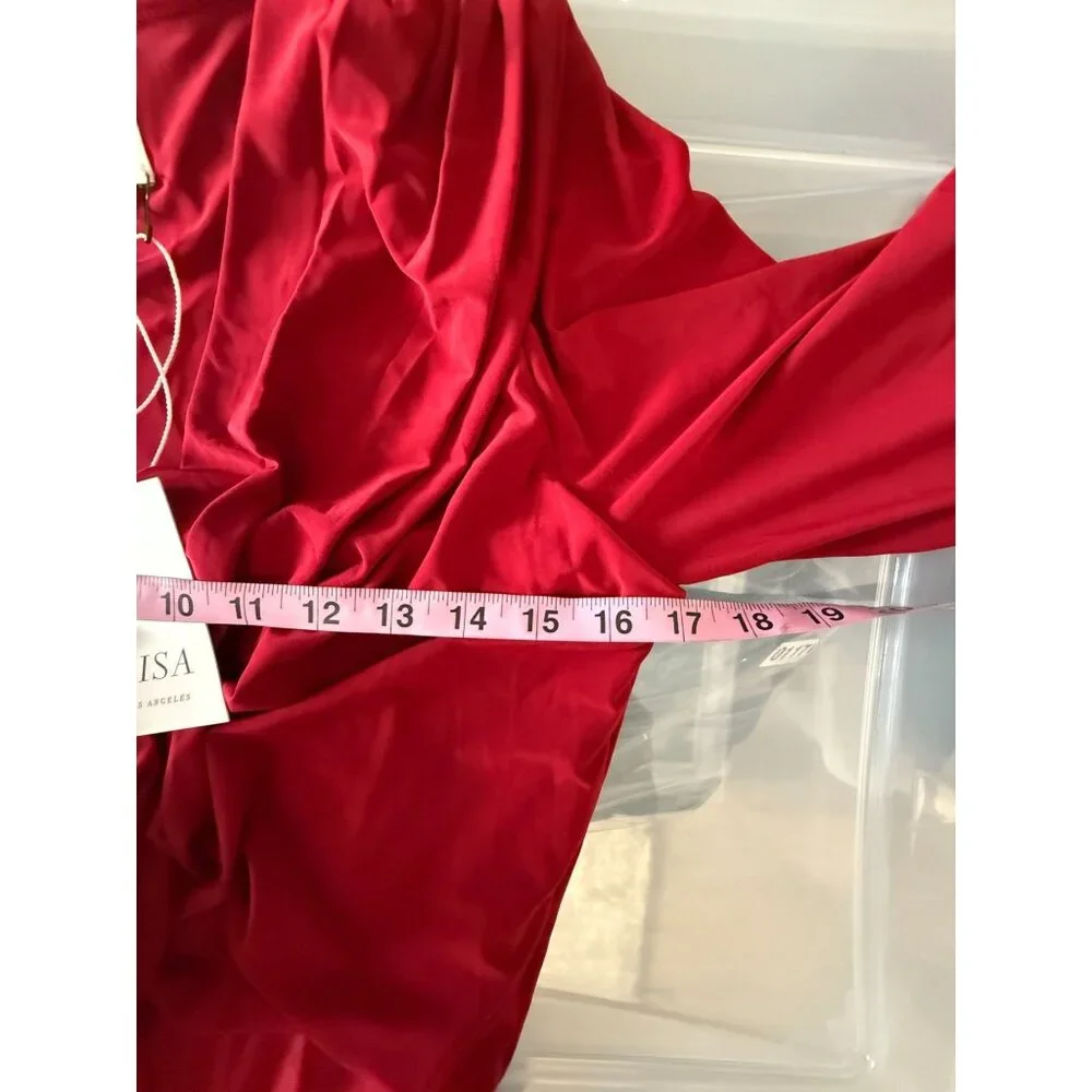 MISA Los Angeles Red Teget Dress Knot Front Bell Sleeves V Neck Draped Ruched‎ S - Picture 12 of 12